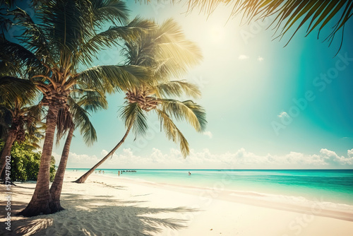a tropical beach with palm trees in the foreground  sunny day at beach  art illustration 