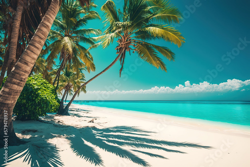 a tropical beach with palm trees in the foreground  sunny day at beach  art illustration 