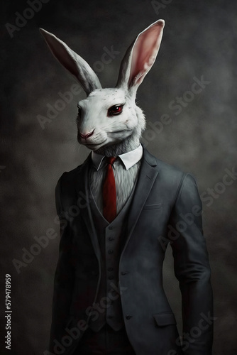 anthro white rabbit, red eyes, evil face, black business suit, full body, art illustration, art illustration  © vvalentine