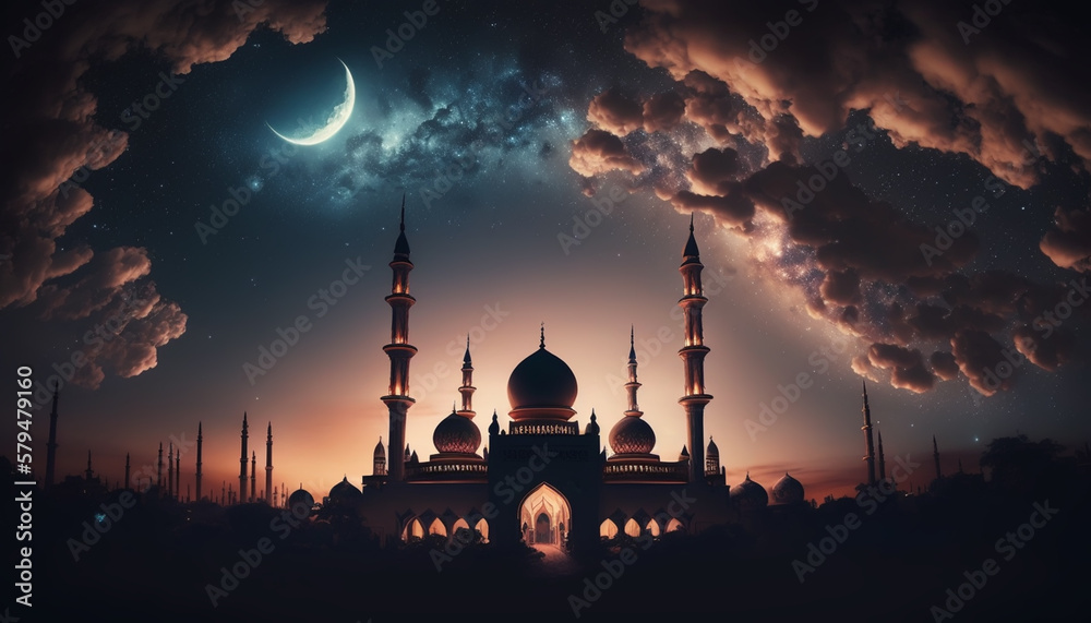 Mosque sunset sky, moon, holy night, islamic night and silhouette mosque, islamic wallpaper. Generative AI.