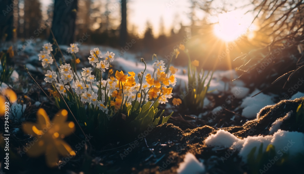 Snowdrops on the edge of the forest under the snow. Generative AI. Snowdrops on the edge of the forest under the snow. Generative AI.