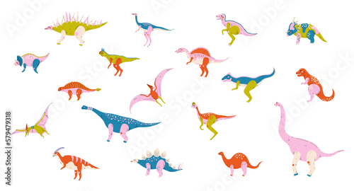 Set of cute dinosaurs. Pterosaurs, stegosaurus, brontosaurus, tyrannosaurus rex, velociraptor prehistoric animals cartoon vector Illustration