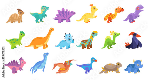 Fototapeta Naklejka Na Ścianę i Meble -  Set of cute baby dinosaurs. Adorable stegosaurus, brontosaurus, tyrannosaurus, velociraptor kid animals cartoon vector Illustration