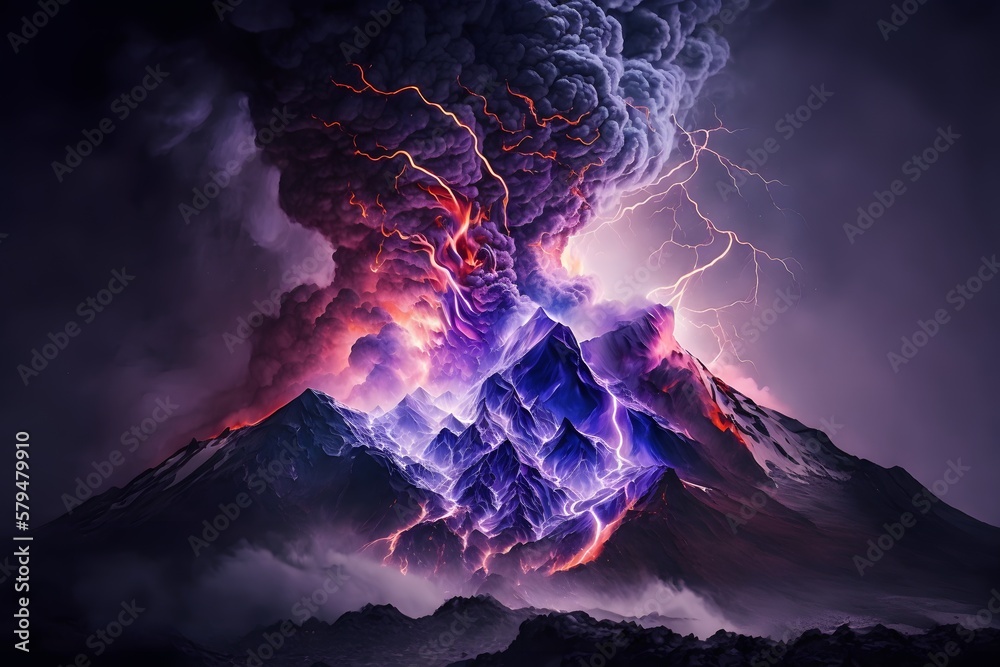fantasy world volcano mixed with thunder strikes and purple with red smokes