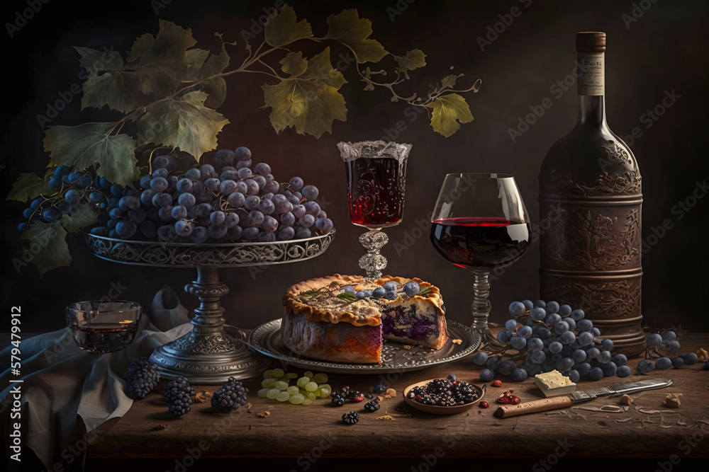 Still life of a meat pie, a bottle and glass of red wine, grapes and fresh green herbs on a wooden table and dark background. Photograph created with Generative AI technology