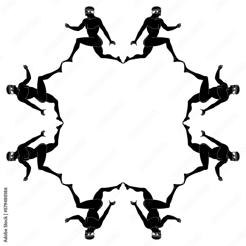 Geometrical frame with running naked ancient Greek men. Antique athlete. Black and white silhouette.