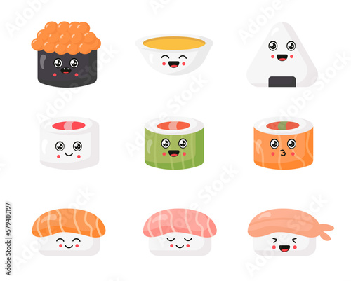 Vector set of cute sushi, rolls, soup, nigiri, sashimi with smiling face and red cheeks in kawaii style. Japanese asian traditional food