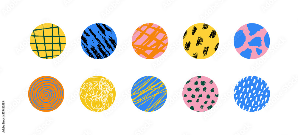 Set of colorful circle symbol with hand drawn texture on isolated background. Diverse round design bundle for social media post, textile swatch or print sample concept.	