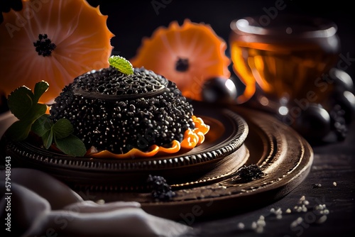 Black caviar in the form of a pumpkin on a black background. Generative AI