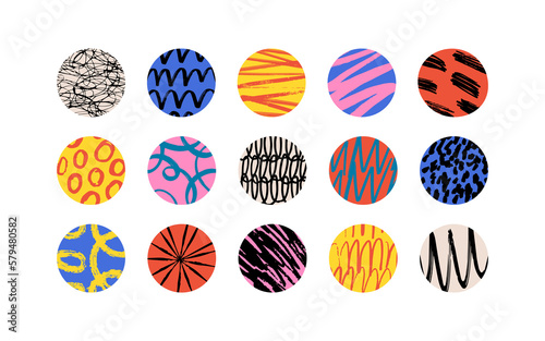 Set of colorful circle symbol with hand drawn texture on isolated background. Diverse round design bundle for social media post, textile swatch or print sample concept. 