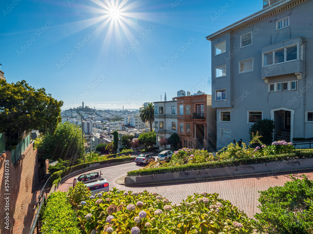 San Francisco Panorama Bird view to curved Lombard Street