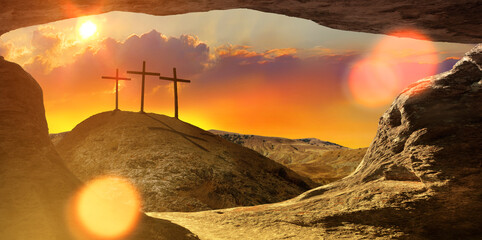 Three wooden crosses on a hill in the morning. Concept of Crucifixion on Mount Golgotha, resurrection of Jesus Christ. Christian Easter holiday symbol, Calvary