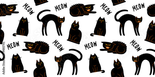 Funny black cat animal seamless pattern cartoon illustration. Cute hand drawn halloween cats texture  creepy witch pet background.