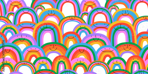 Diverse colorful rainbow seamless pattern illustration. Multi color cartoon characters in funny children doodle style. Friendly community or diversity pride background concept. 