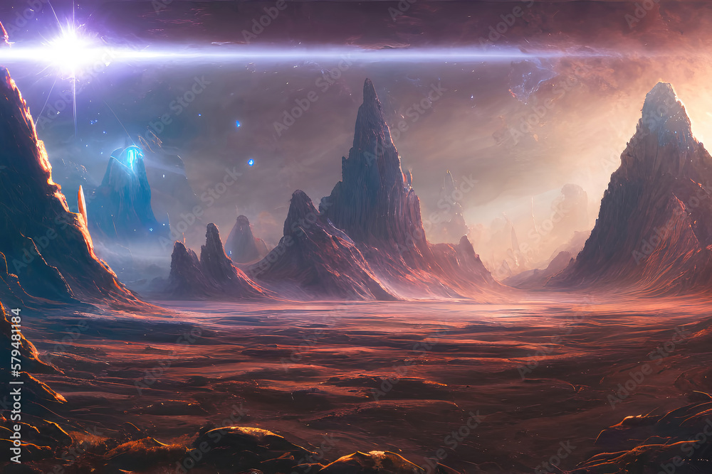 Landscape of an alien planet, fictional other worlds  in the universe, science fiction cosmic background
