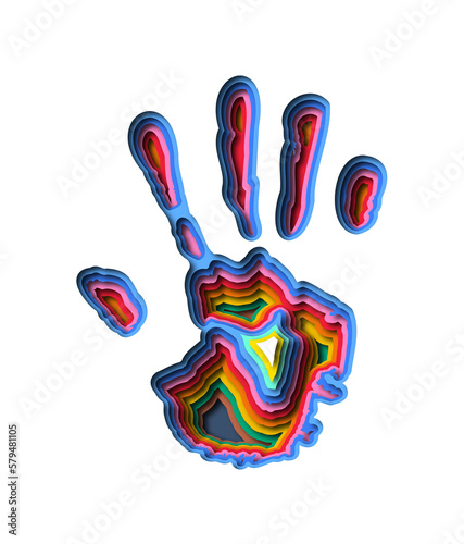 Colorful paper cut human hand print illustration in realistic 3D papercut style. Isolated handprint cutout design concept for community help, people diversity or volunteer job idea. #579481105