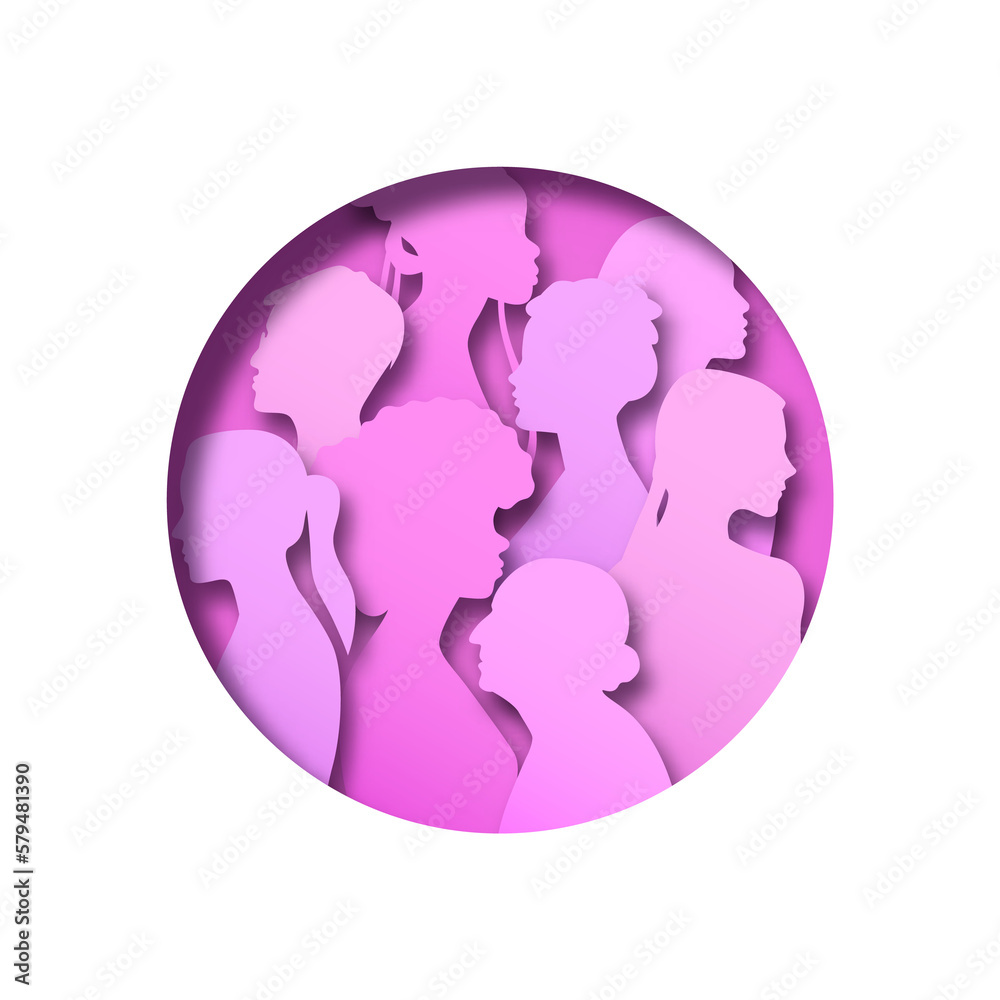 Pink women people group illustration inside paper cut circle. Female team for women's issues or breast cancer awareness concept. Round icon papercut design of diverse girls silhouette.