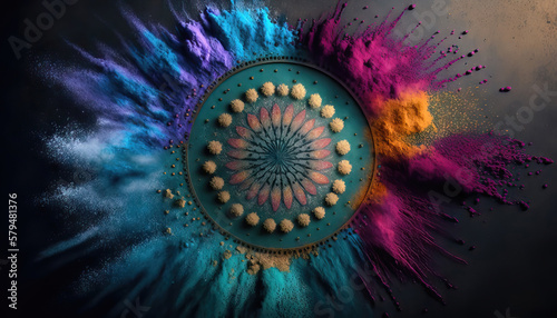 AI generated background with Indian festival dussehra, showing golden mandala on colorful powder background
