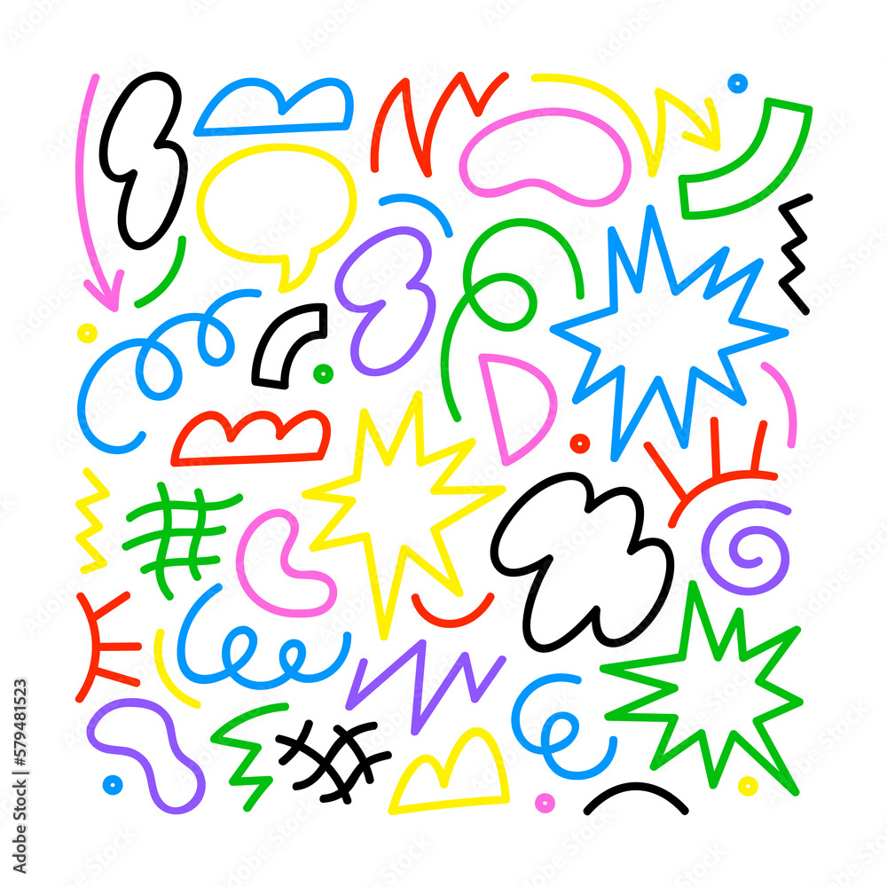 Fun colorful abstract line doodle shape set. Creative minimalist style art symbol collection for children or party celebration with modern shapes. Simple upbeat childish drawing scribble decoration. Fun colorful abstract line doodle shape set. Creative minimalist style art symbol collection for children or party celebration with modern shapes. Simple upbeat childish drawing scribble decoration.