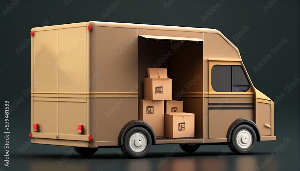 Realistic 3d delivery van with box cargo delivery and online shopping, Generative AI Realistic 3d delivery van with box cargo delivery and online shopping, Generative AI