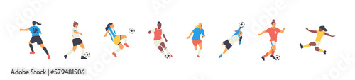 Diverse all women soccer player  team people set. Colorful retro style female athlete playing football game on isolated background. Woman tournament match collection, sport illustration. photo