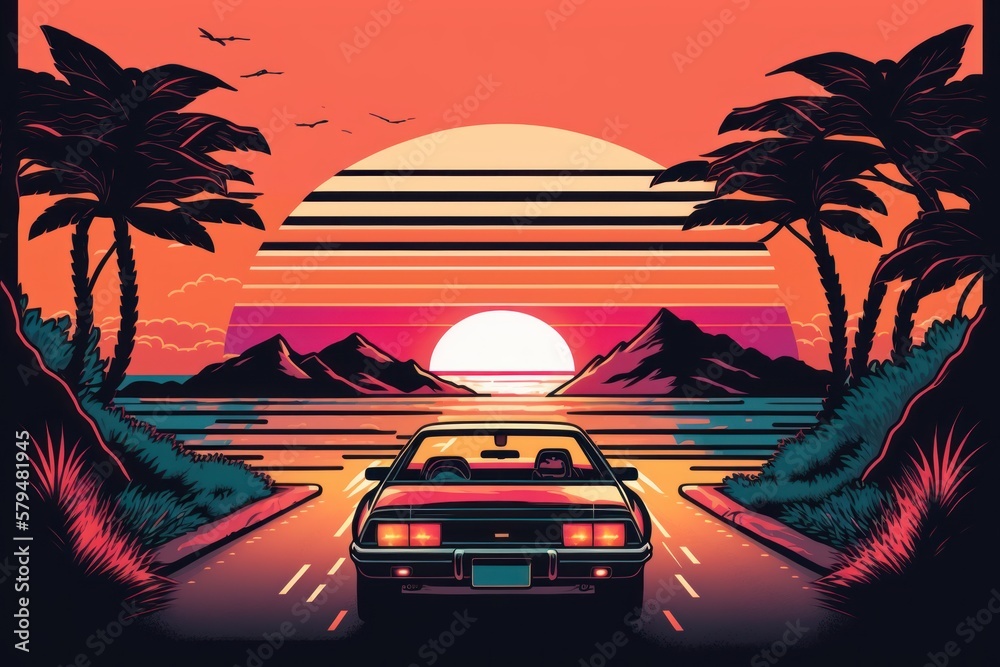 Summer vibes 80s style illustration of a sunset, retro style, generative AI