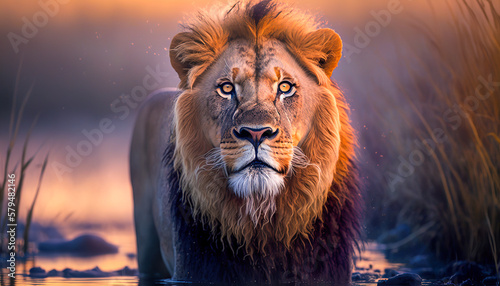 A lion standing in a body of water. Generative AI