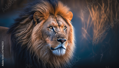 A close up of a lion with a blurry background. Generative AI