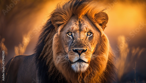 A close-up of a lion with a blurry background. Generative AI © Ikagency