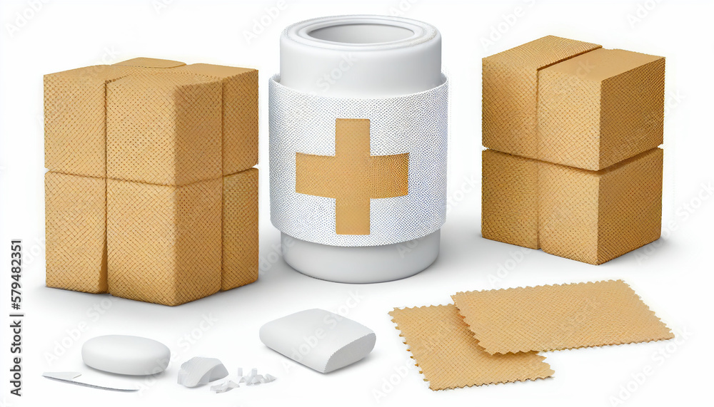 Obraz premium Bandage plaster aid band medical adhesive set isolated on white background, Generative AI