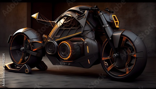 Cyberpunk sci-fi futuristic motorcycle with neon accents. Generative AI. © andrenascimento