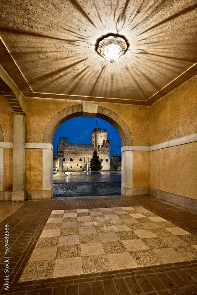 Chess Square in Marostica: the lower Scaliger castle and the vault of the Palazzo del Doglione. Vicenza province, Veneto, Italy