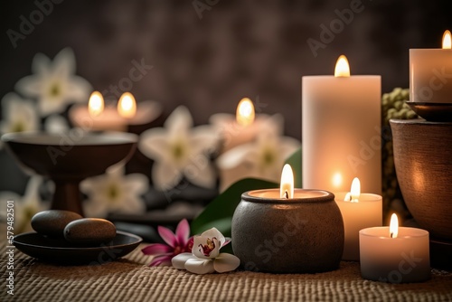 Spa setting with aromatic candles. Romantic atmosphere. Background with selective focus. AI generated