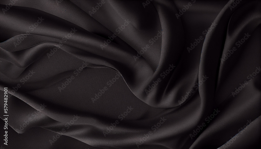 Black silk satin surface. Dark elegant background with space for design. Text or product. Table top view. Flat lay. Template. Empty. Creases in fabric. Created with Generative AI