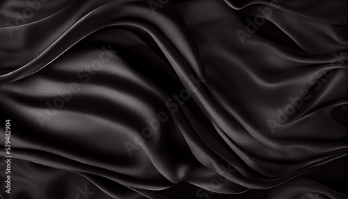 Black silk satin surface. Dark elegant background with space for design. Text or product. Table top view. Flat lay. Template. Empty. Creases in fabric. Created with Generative AI