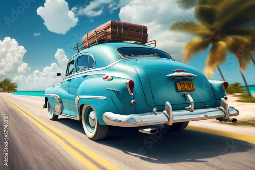 Old vintage sky blue retro car with baggage driving through the exotic country, in motion. Generative AI