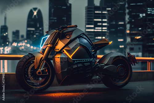 New electric and futuristic luxury motorcycle. Bright neon headlights. Generative AI.