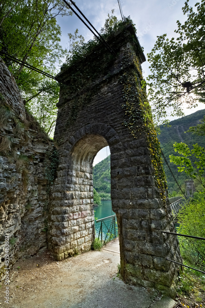 The Vittoria bridge on the lake of Corlo. Arsié, Belluno province, Veneto, Italy.
