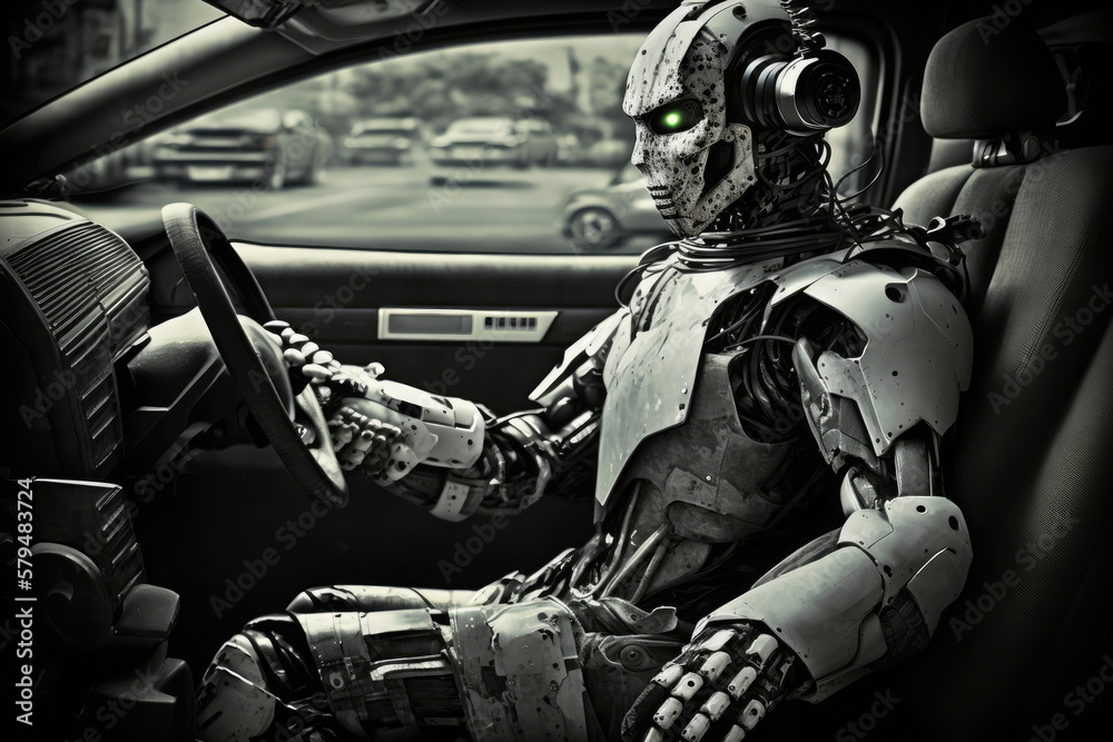 Robot drivinf car like a human. Futuristic technology. Autonomous vehicle is moving towards its destination. Created with Generative AI