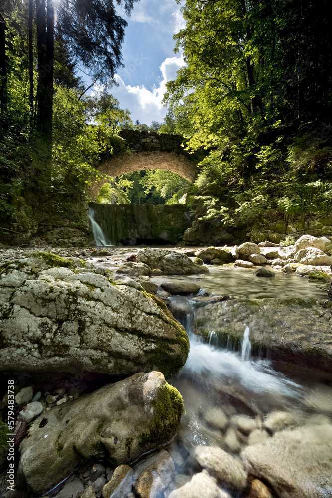 Obraz premium The Astico stream and the ancient stone bridge along the nature trail 