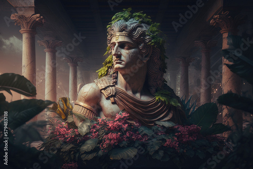 Alexander the Great Statue Standing Tall Among the Hanging Gardens of Babylon. Generative AI