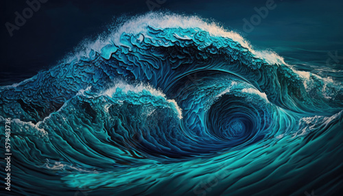 A dark blue seawater surface with big swirling waves. Ocean foamy water background or backdrop. Generative AI illustration.