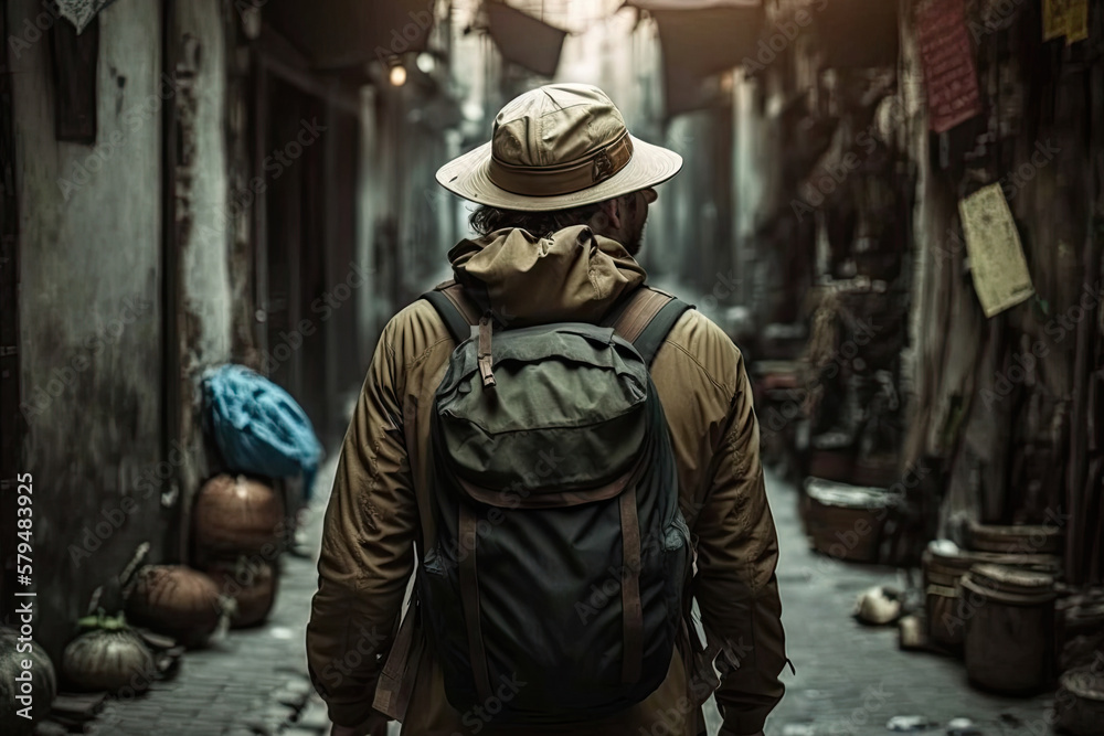 Back view of man with backpack travelling outdoors. Adventure and traveling lifestyle concept. Created with Generative AI
