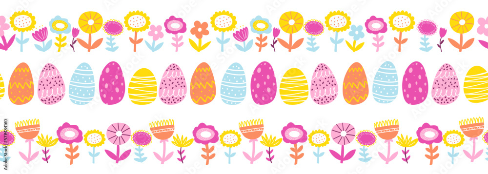 Colorful hand drawn Easter horizontal seamless border, pattern, cute doodle eggs and abstract plants for textiles, banners, wallpaper