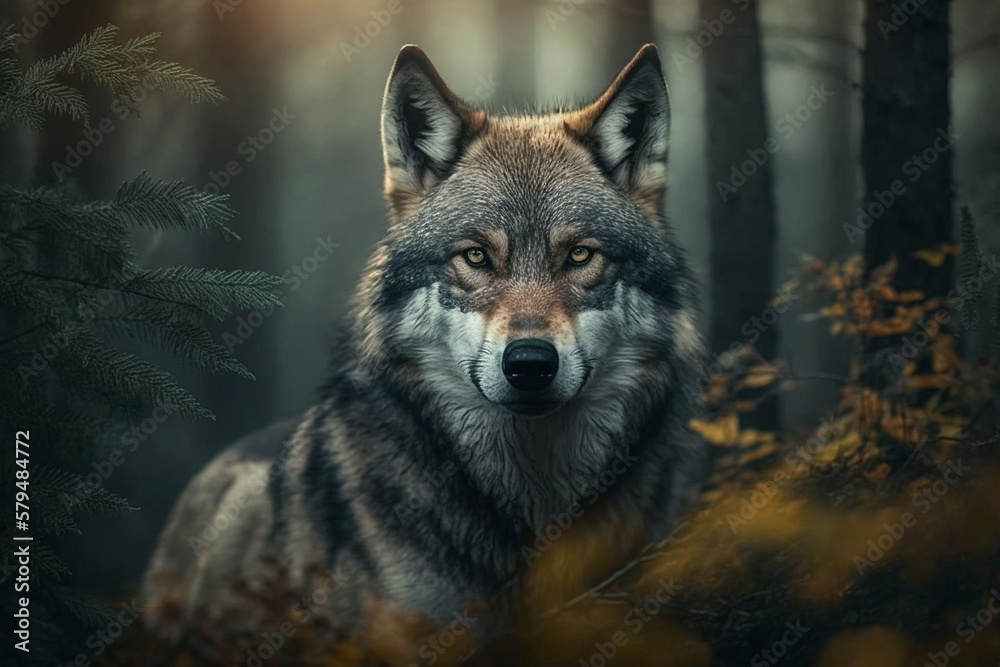 Impressive beautiful majestic wolf in the forest. Wild animal in nature. Ai generated