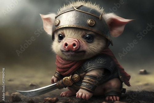 Little cute baby pig or pigglet in warrior hero outfit. Pig in warrior costume. Ai generated
