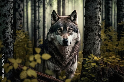 Impressive beautiful majestic wolf in the forest. Wild animal in nature. Ai generated