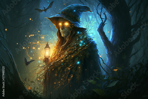 Fantastic wizard with a lamp and fireflies in the dark forest. Creative vector illustration design character. Magic and wizardry. Ai generated