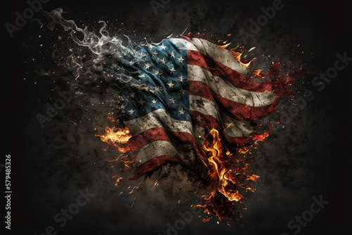 American or the united states flag on fire concept. Usa flag on flames disaster. Patriotic american or patriotism being attacked or destruction concept. Ai generated © dragomirescu