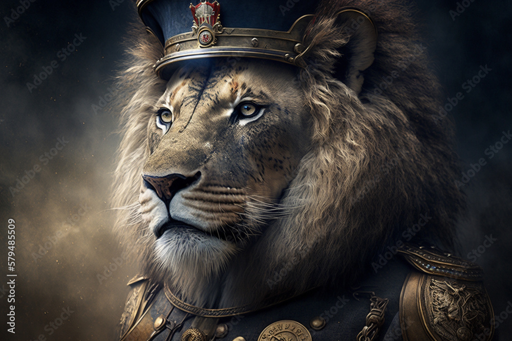 Lion dressed in military uniform as a general or soldier. Powerful ...